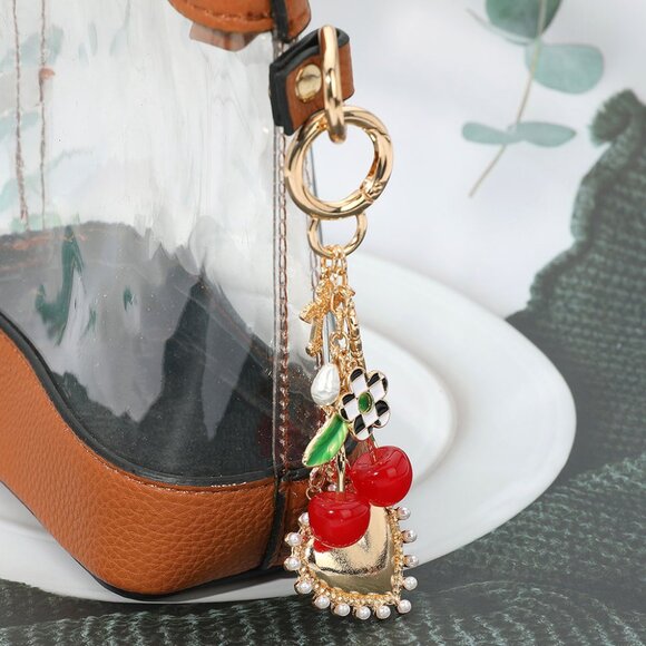 Cherry Pearl Heart Key Cross Flower Charm Embellished Keychain / Bag Charm - Picture 2 of 5